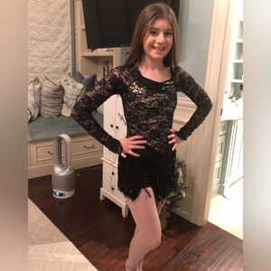 CUSTOM Size Immediate Child Black Lace Dance Dress with Fringe Skirt